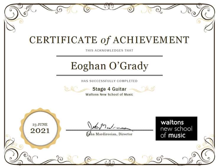 Eoghan O'Grady Stage Certificate